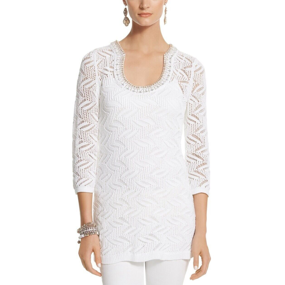 WHBM White‎ Embellished Novelty Stretch Tunic size M